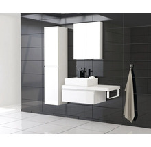Modernes Badezimmer mit Waschbecken, Unterschrank, Spiegelschrank und Hochschrank vor dunklem Fliesenspiegel