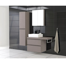 Badezimmer mit Waschtisch, Spiegelschrank und Hochschrank vor dunklen Fliesen