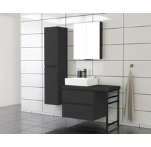 Badezimmer mit Waschbeckenunterschrank, Spiegelschrank und Hochschrank