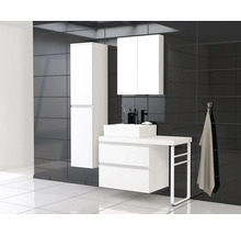 Modernes Badezimmer mit Waschbecken, Unterschrank, Spiegelschrank und Hochschrank vor einer dunklen Wand