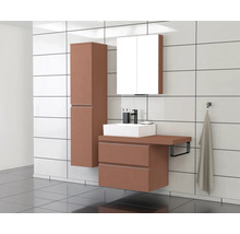 Badezimmer mit Waschtischunterschrank, Spiegelschrank und Hochschrank