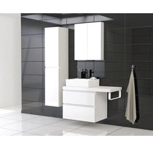 Badezimmer mit Waschbeckenunterschrank, Spiegelschrank und Hochschrank vor dunklem Fliesenhintergrund