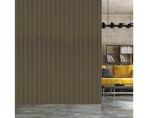 Salon moderne avec mur en lambris et canapé jaune