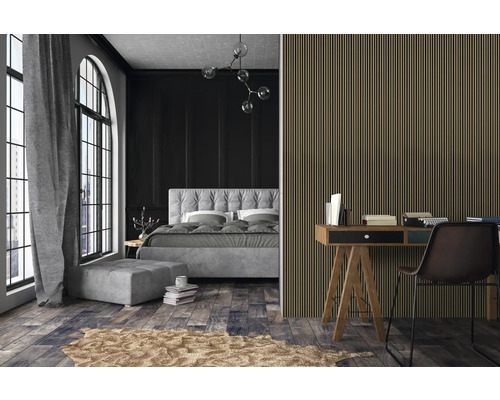 Chambre avec lit, bureau et lambris en bois