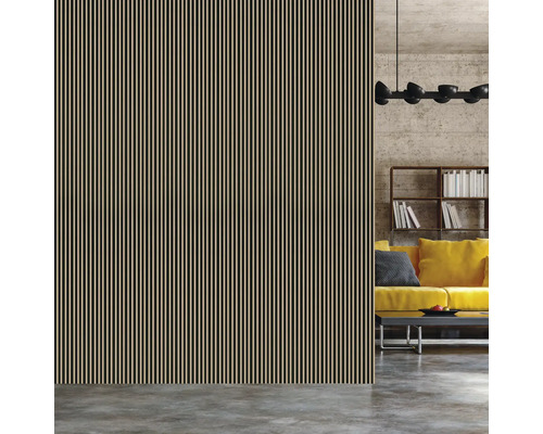 Salon avec panneaux muraux à rayures, canapé et bibliothèque