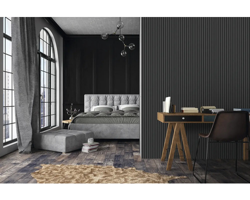 Chambre à coucher avec lit, bureau et panneaux muraux