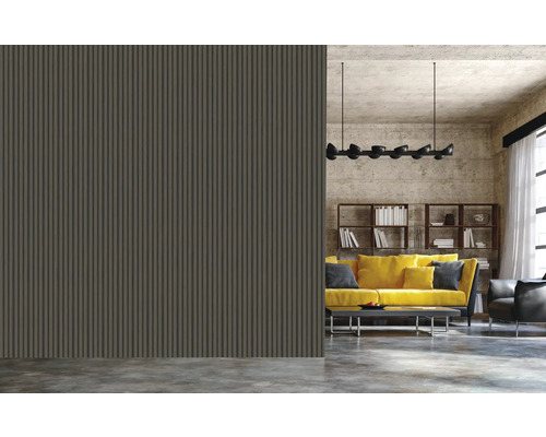 Salon avec panneaux muraux, canapé et bibliothèque