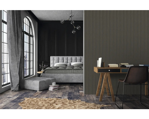 Chambre avec lit, bureau et panneaux muraux