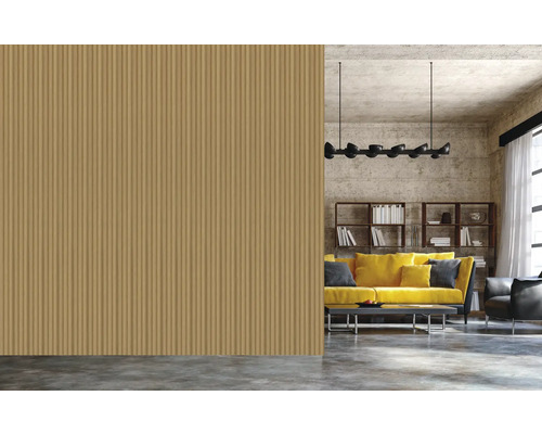 Salon avec panneaux muraux, canapé, bibliothèque et lampe