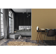 Chambre avec lit, bureau et lambris mural à rainures