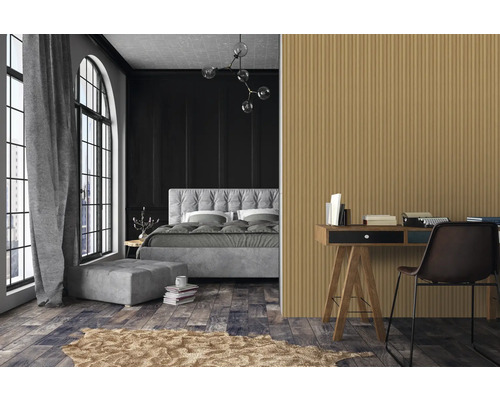 Chambre avec lit, bureau et lambris mural à rainures