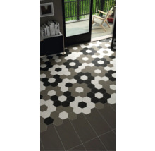 Scène d''intérieur avec des carreaux de sol hexagonaux de différentes couleurs