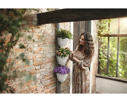 Femme regardant un jardin vertical avec trois pots de fleurs plantés sur un mur de briques