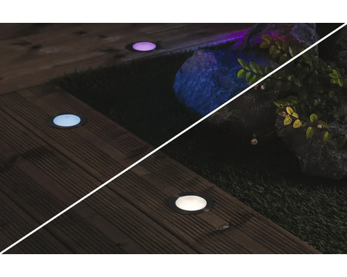 Spots encastrables au sol pour l''éclairage de jardin sur terrasse en bois et pelouse
