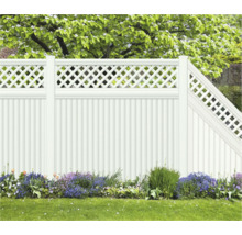 Weißer Gartenzaun mit Lattenmuster und Blumenbeet im Garten