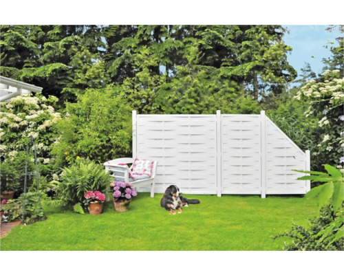 Gartenszene mit Gartenzaun, Gartenstuhl und Hund auf Rasen