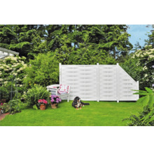 Scène de jardin avec clôture blanche, banc et chien
