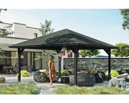 Pavillon carré avec toit et salon de jardin