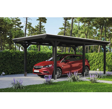Carport en bois avec voiture dans le jardin