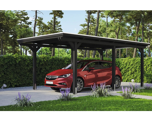 Carport en bois avec voiture dans le jardin