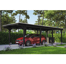 Abri de voiture en bois avec une voiture rouge dans le jardin