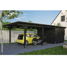 Abri de voiture avec remise à outils en bois avec voiture et moto