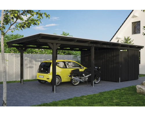 Carport individuel SKAN HOLZ Emsland avec ancre de poteau, film EPDM, espace de rangement 404 x 846 cm anthracite Abri de voiture avec remise à outils en bois avec voiture et moto