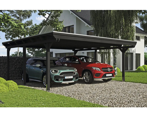 Double abri de voiture en bois avec deux voitures garées devant une maison