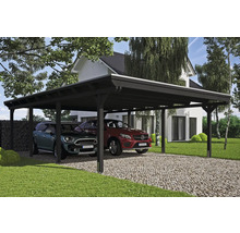 Double carport en bois avec deux voitures garées
