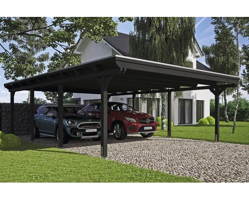 Double carport en bois avec deux voitures garées