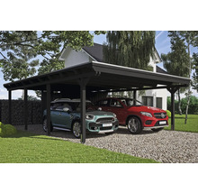 Doppelcarport aus Holz mit zwei geparkten Autos