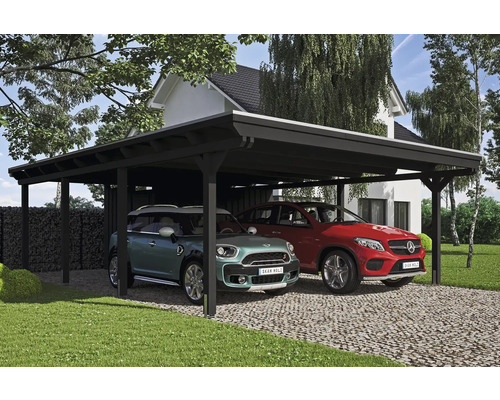 Carport double SKAN HOLZ Emsland avec ancre de poteau, film EPDM, espace de rangement 613 x 846 cm anthracite Double abri de voiture en bois avec deux voitures garées
