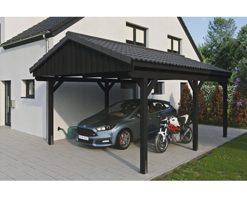 Carport individuel SKAN Holz Fichtelberg avec ancre de poteau 423 x 566 cm anthracite Carport en bois avec voiture et moto dans la cour