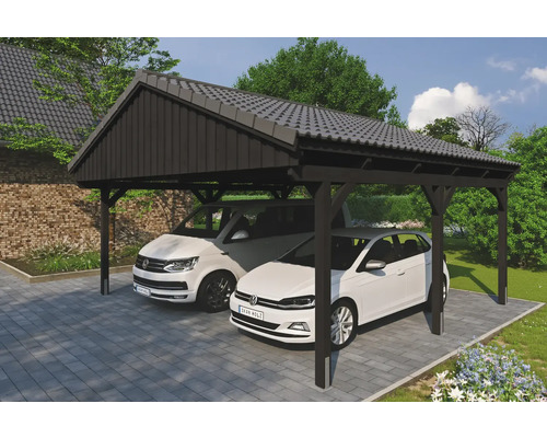 Carport double SKAN Holz Fichtelberg avec ancre de poteau 618 x 566 cm anthracite Double carport en bois avec deux voitures
