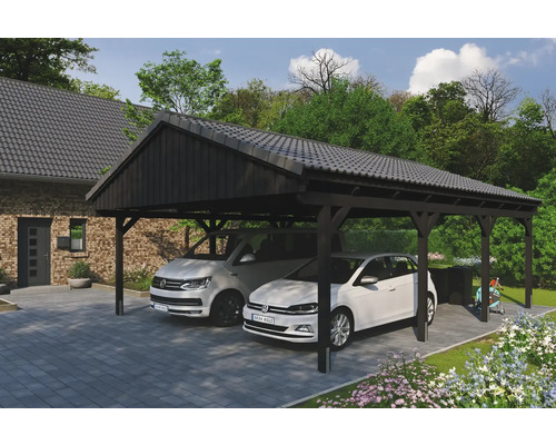 Carport double SKAN Holz Fichtelberg avec ancre de poteau 618 x 808 cm anthracite Abri de voiture en bois avec deux places de stationnement à côté d''une maison avec deux voitures garées