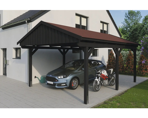 Carport individuel SKAN Holz Fichtelberg avec ancre de poteau, bardeaux rouges 423 x 566 cm anthracite Abri de voiture avec voiture et moto devant une maison