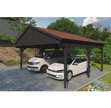 Double abri de voiture en bois avec deux voitures garées