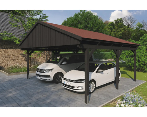 Carport double SKAN Holz Fichtelberg avec ancre de poteau, bardeaux rouges 618 x 566 cm anthracite Double abri de voiture en bois avec deux voitures garées