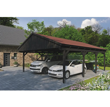 Doppelcarport aus Holz mit zwei parkenden Autos