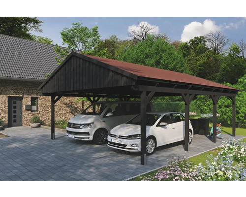 Doppelcarport aus Holz mit zwei parkenden Autos