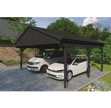 Doppelcarport aus Holz mit zwei geparkten Autos