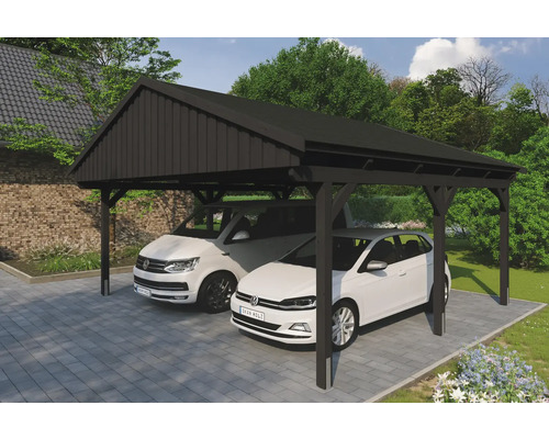 Doppelcarport aus Holz mit zwei geparkten Autos