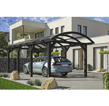 Carport aus Holz mit Auto vor modernem Haus