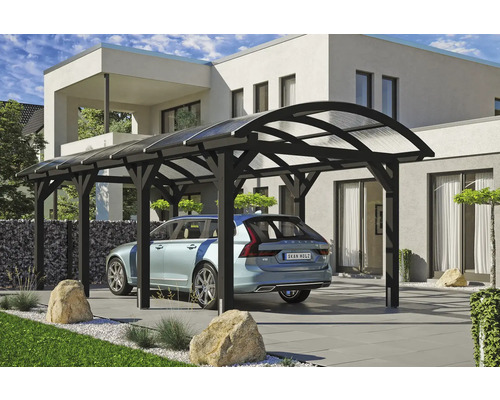 Carport aus Holz mit Auto vor modernem Haus