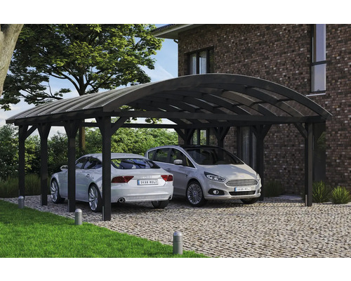 Carport double SKAN HOLZ Franken avec ancre de poteau 635 x 755 cm anthracite Double abri de voiture en bois avec deux voitures garées