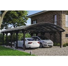 Doppelcarport aus Holz mit zwei geparkten Autos