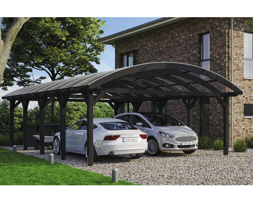 Doppelcarport aus Holz mit zwei geparkten Autos