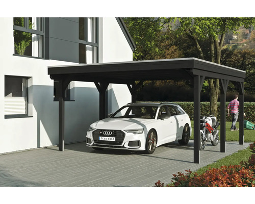 Einzelcarport SKAN HOLZ Grunewald inkl. Pfostenanker, EPDM Folie 427 x 554 cm anthrazit Carport aus Holz mit Auto und Motorrad