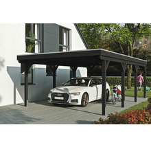 Carport aus Holz mit Auto und Motorrad