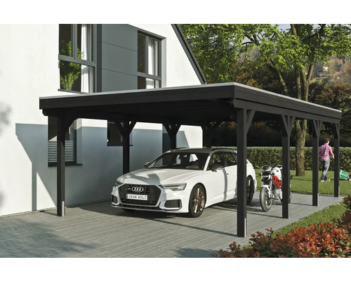 Einzelcarport SKAN HOLZ Grunewald inkl. Pfostenanker, EPDM Folie 427 x 796 cm anthrazit Carport aus Holz mit Auto und Motorrad